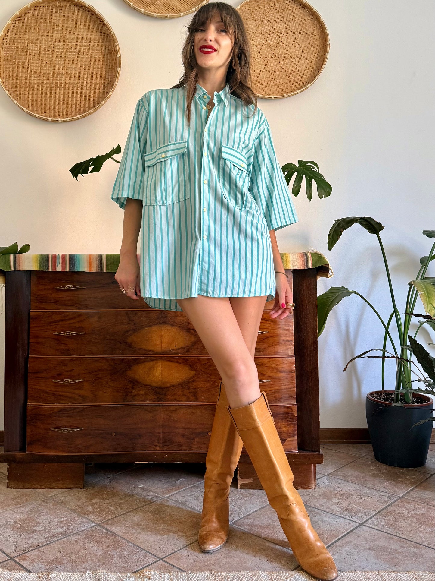 1970's vintage two toned turquoise stripes shirt dress