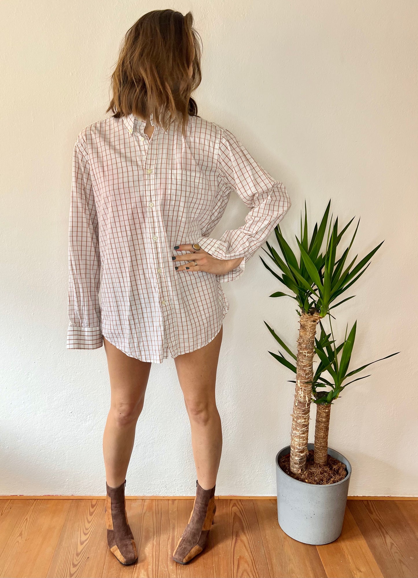 1970's vintage oversize white shirt with tan and beige plaid