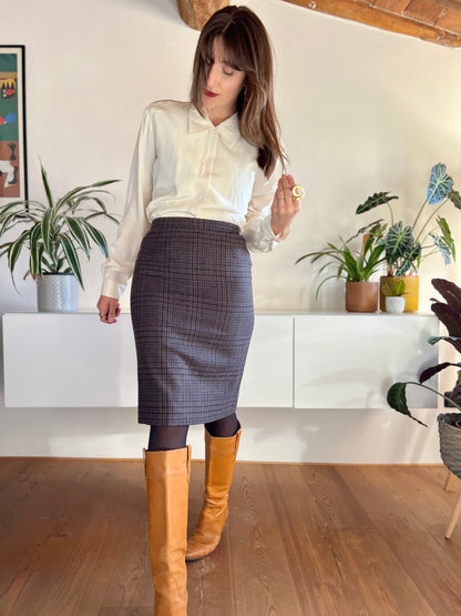 1970's vintage grey, tan and blue plaid wool midi skirt