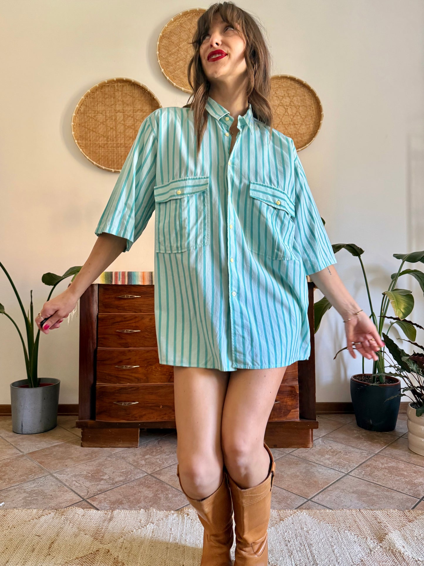 1970's vintage two toned turquoise stripes shirt dress