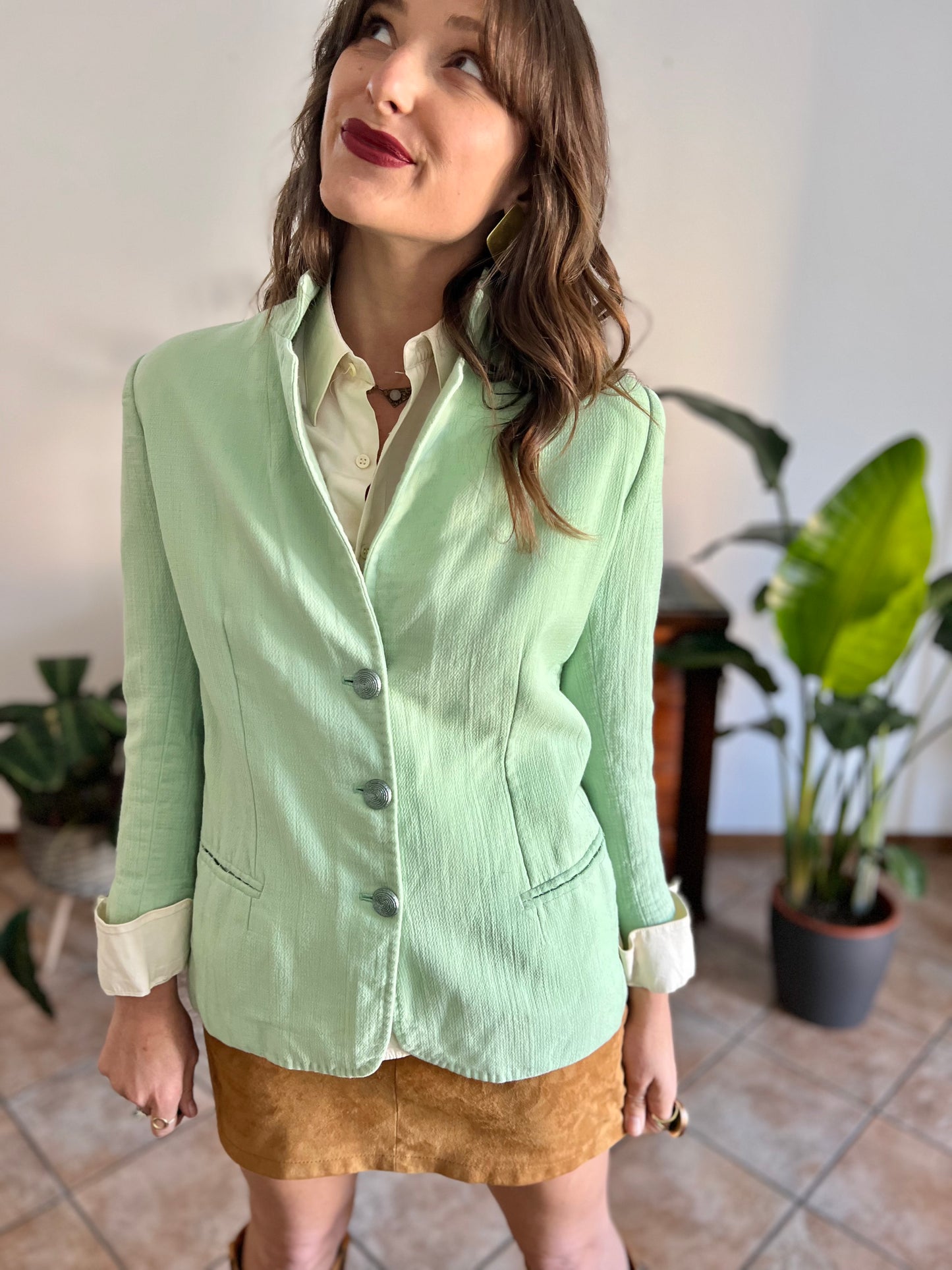 1970's vintage mint green wool spring blazer with mint green glitter buttons