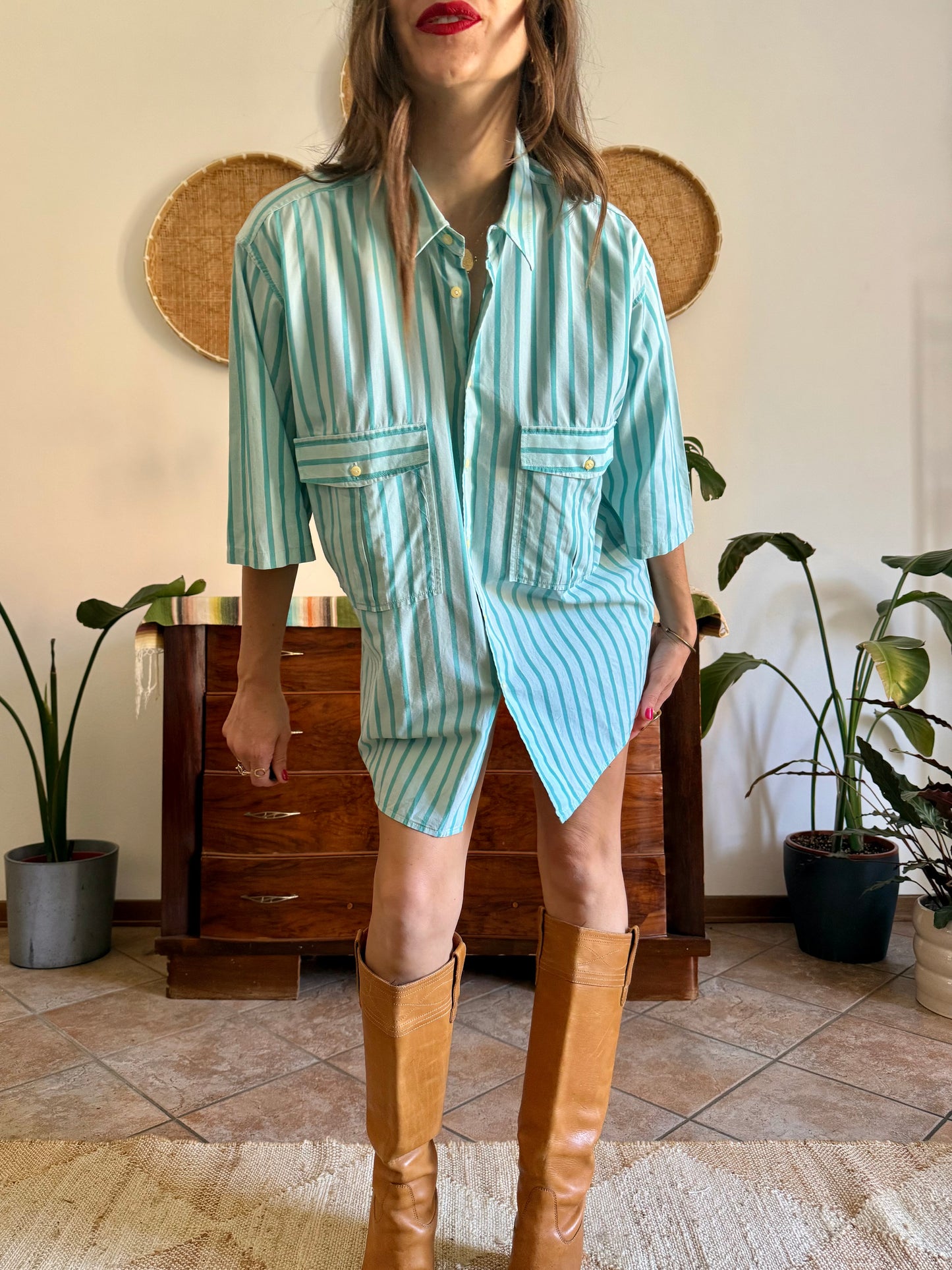 1970's vintage two toned turquoise stripes shirt dress