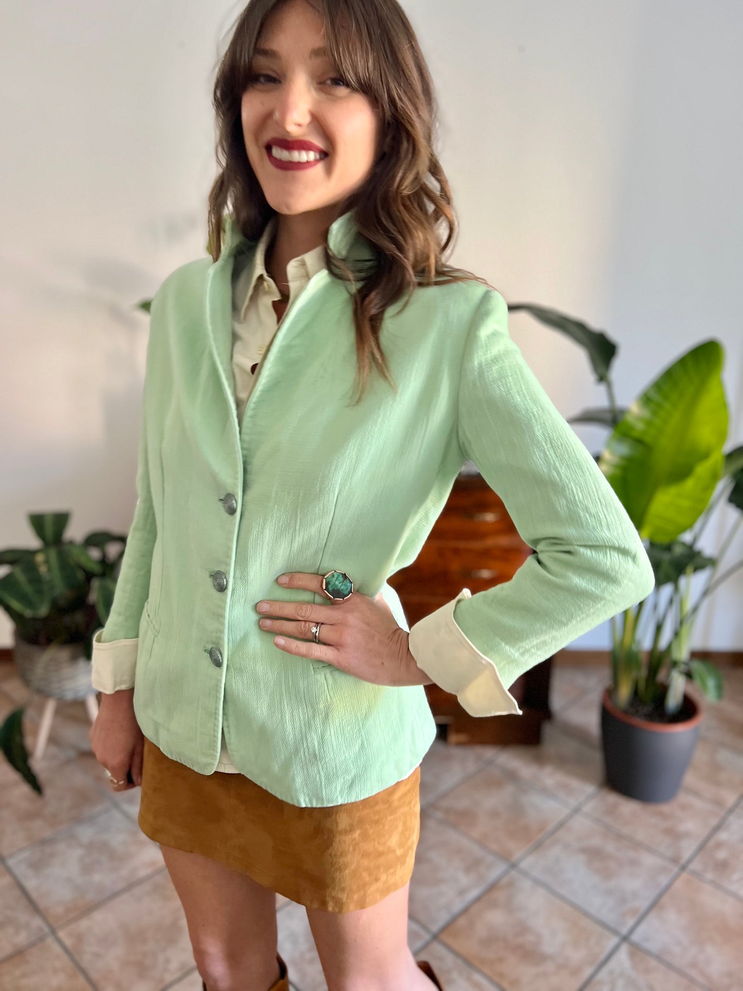 1970's vintage mint green wool spring blazer with mint green glitter buttons