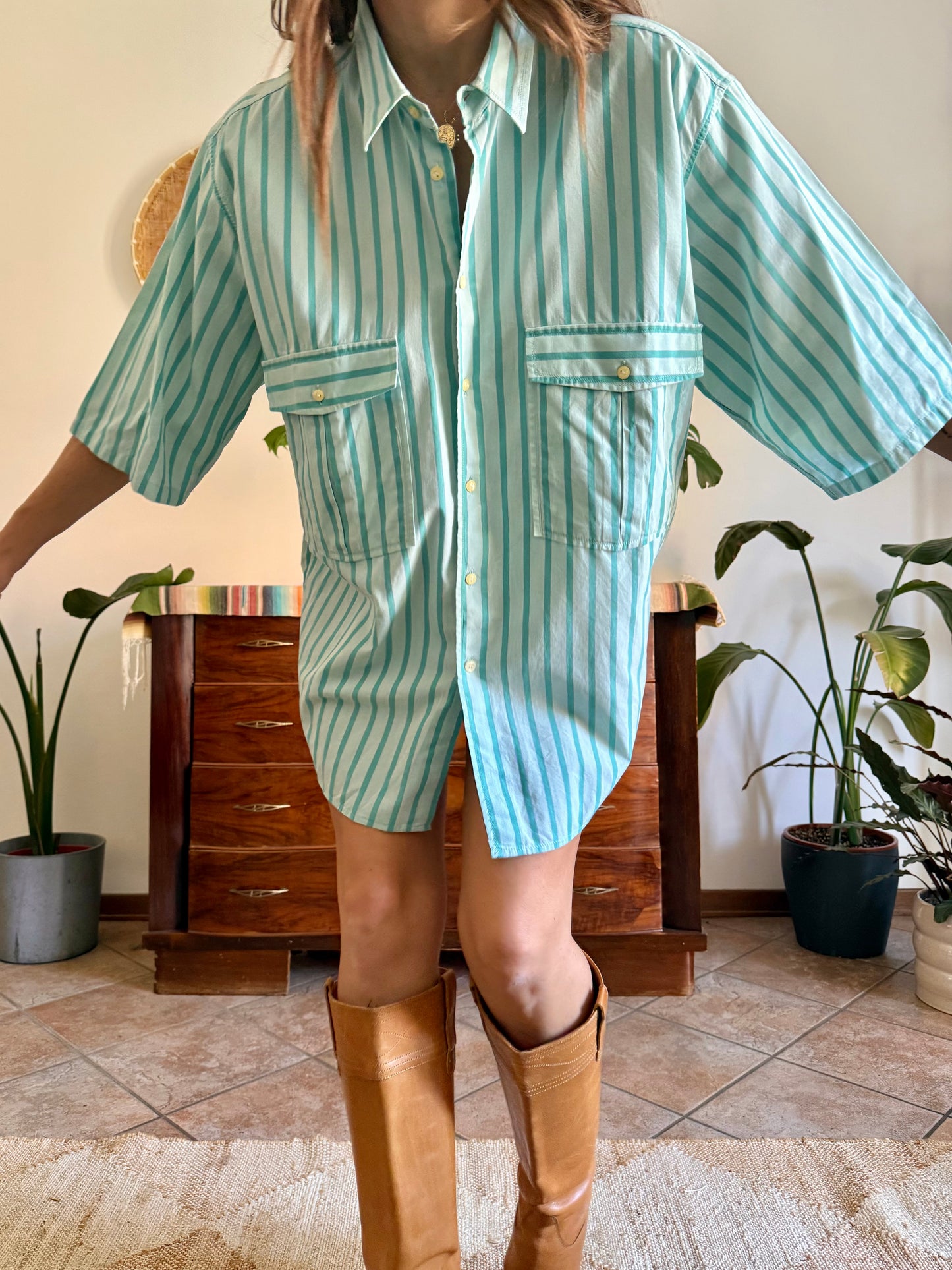 1970's vintage two toned turquoise stripes shirt dress