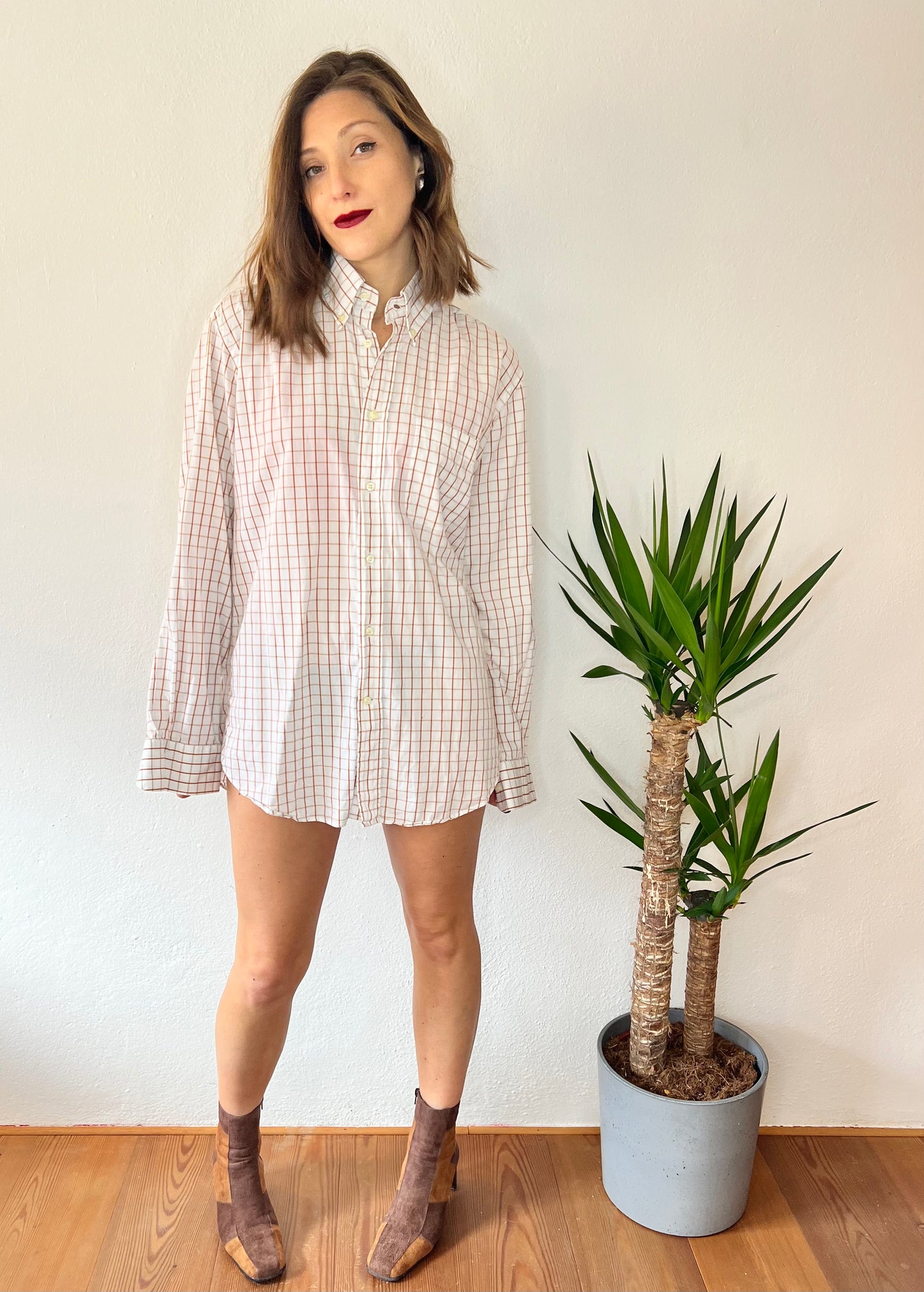 1970's vintage oversize white shirt with tan and beige plaid