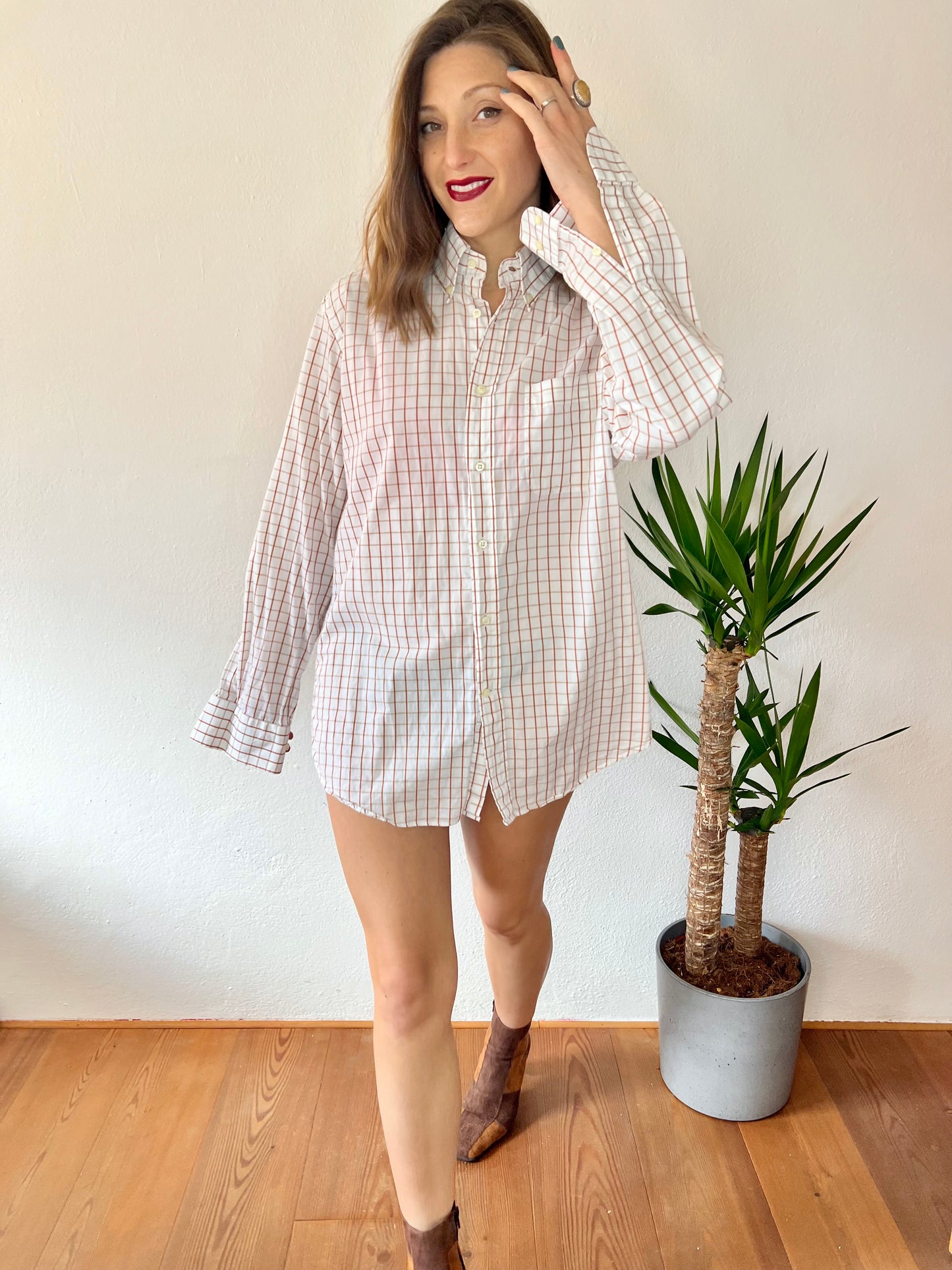 1970's vintage oversize white shirt with tan and beige plaid