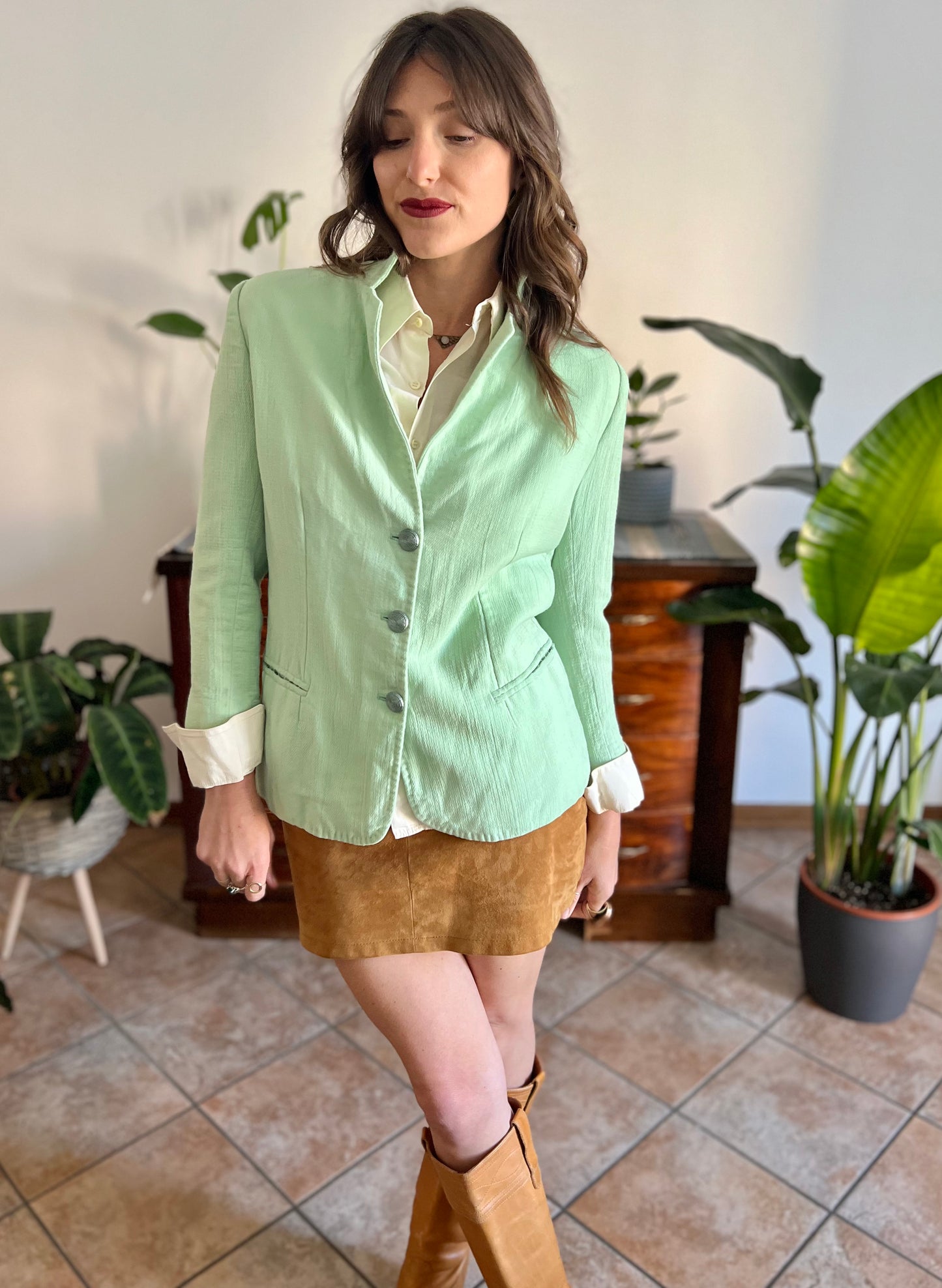 1970's vintage mint green wool spring blazer with mint green glitter buttons