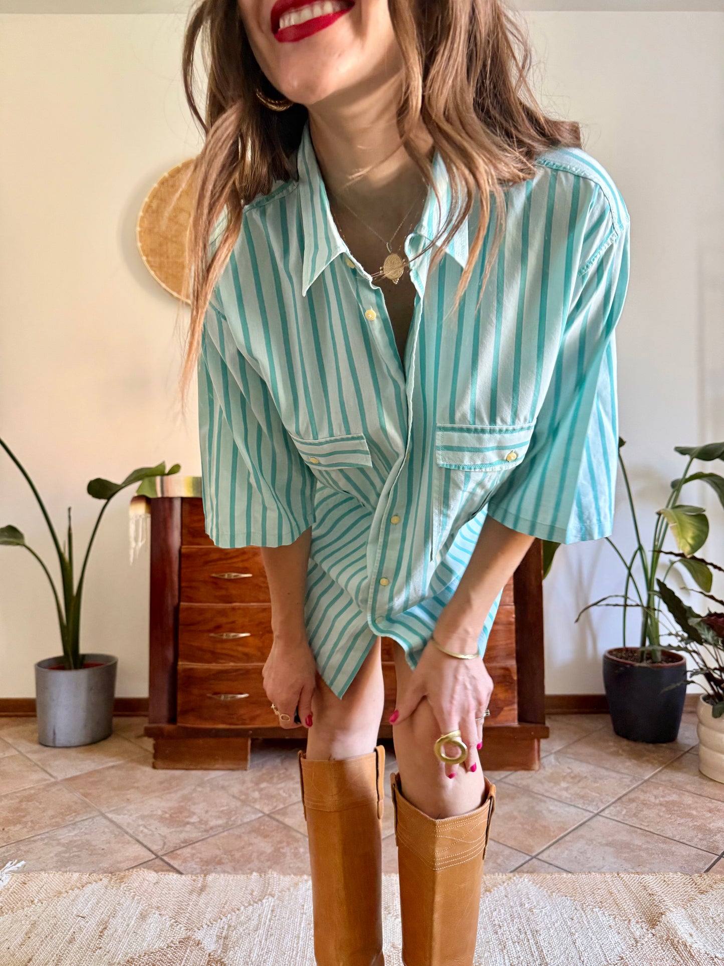 1970's vintage two toned turquoise stripes shirt dress