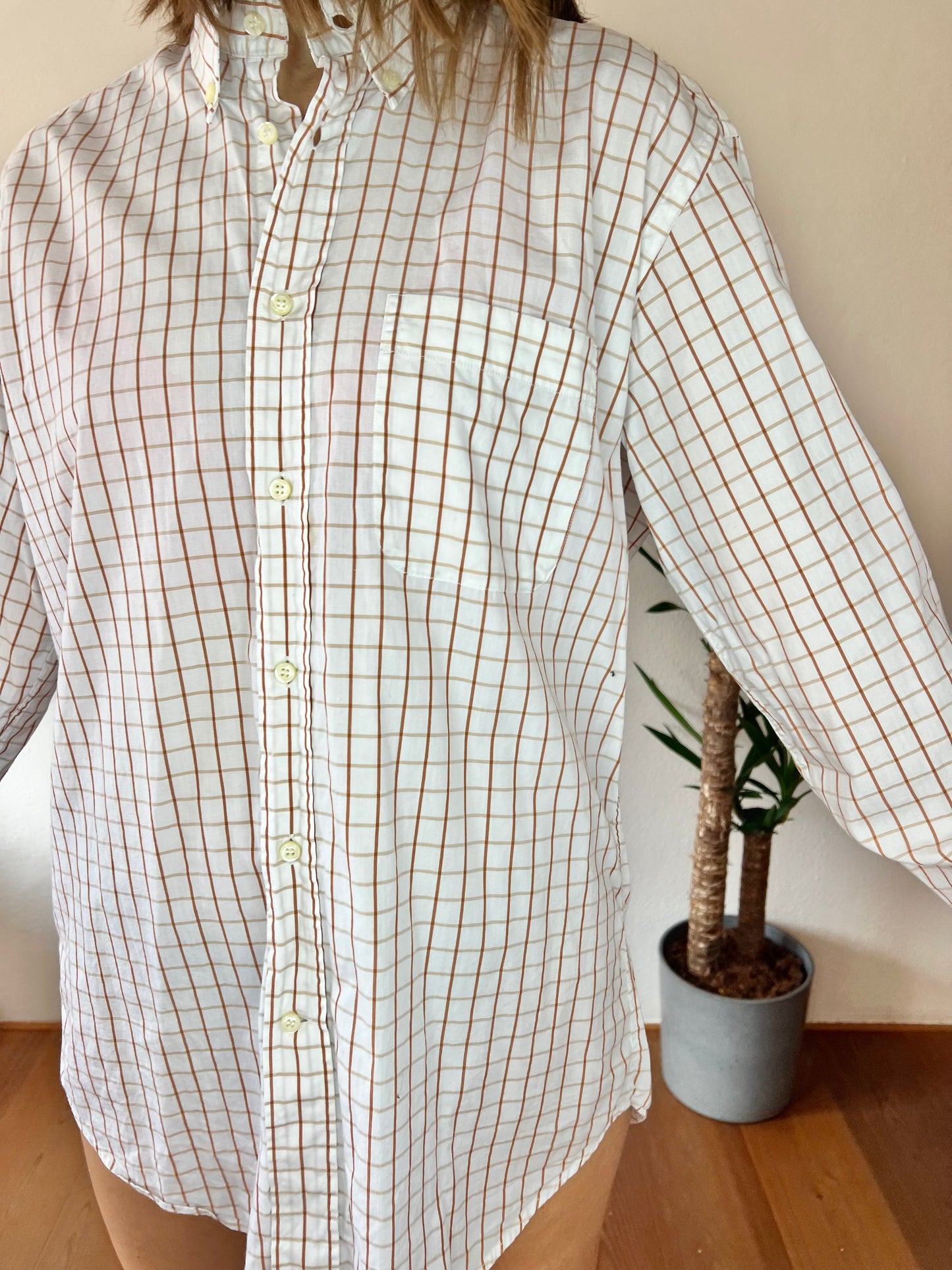 1970's vintage oversize white shirt with tan and beige plaid