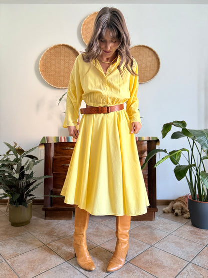 1970's vintage yellow cotton button down midi dress