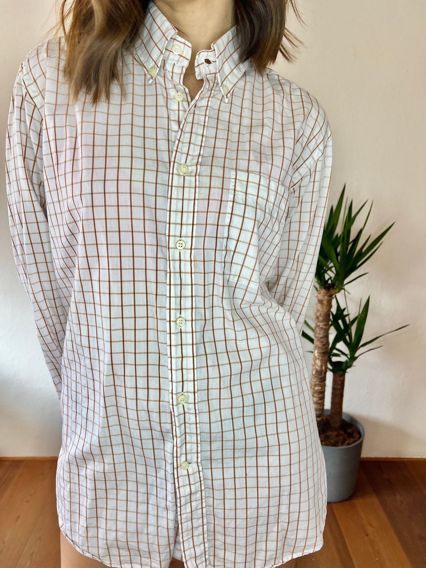 1970's vintage oversize white shirt with tan and beige plaid