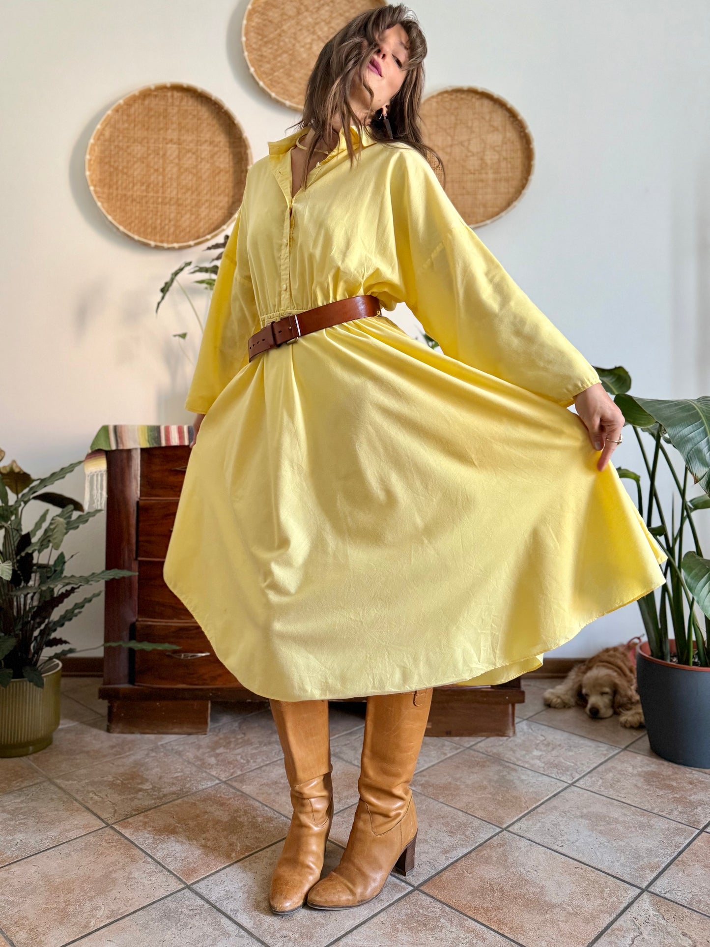 1970's vintage yellow cotton button down midi dress