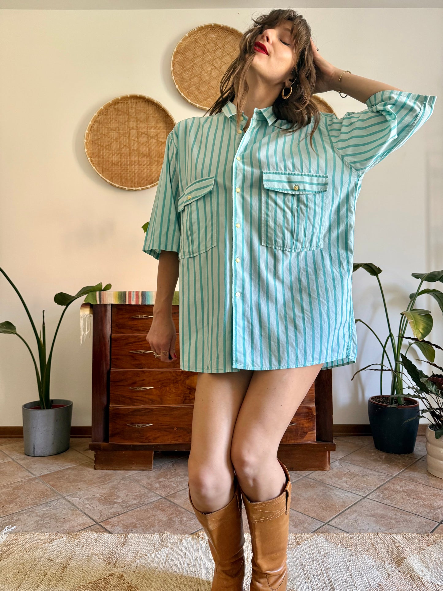 1970's vintage two toned turquoise stripes shirt dress