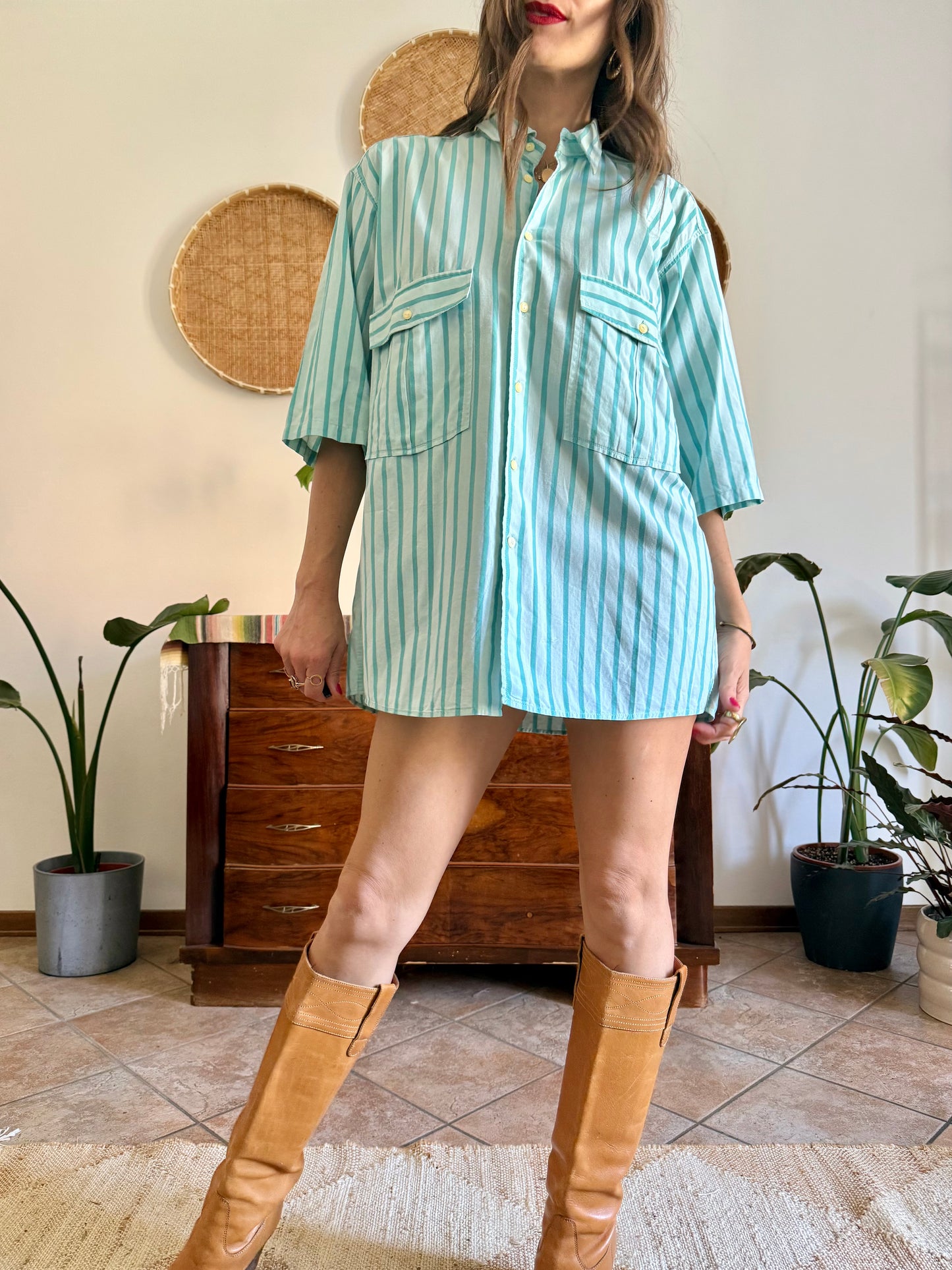 1970's vintage two toned turquoise stripes shirt dress