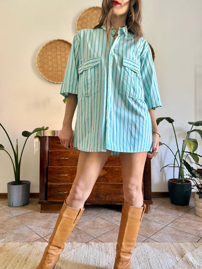 1970's vintage two toned turquoise stripes shirt dress