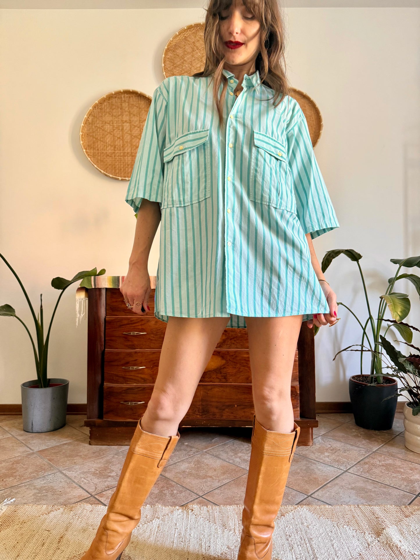 1970's vintage two toned turquoise stripes shirt dress