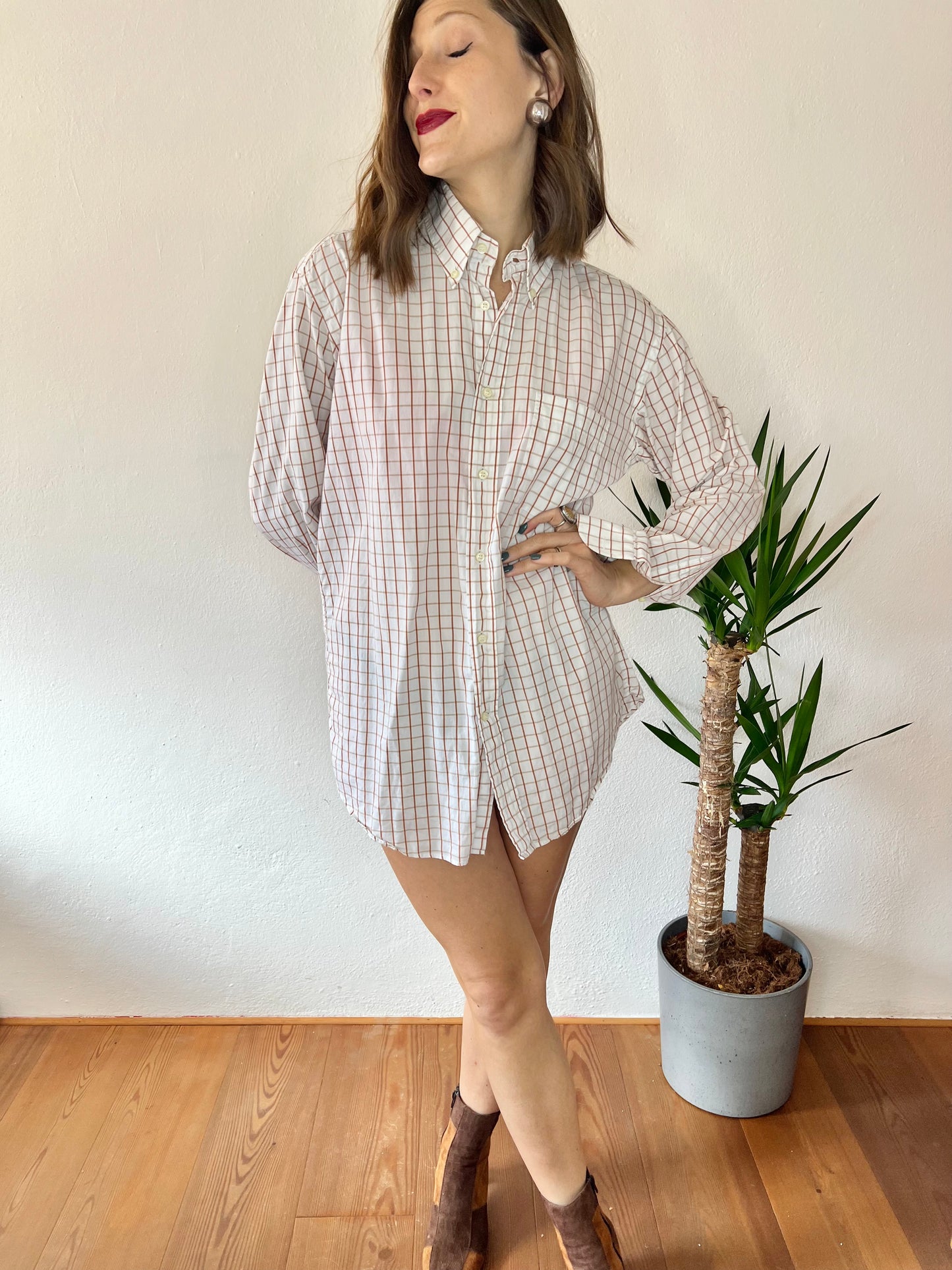 1970's vintage oversize white shirt with tan and beige plaid