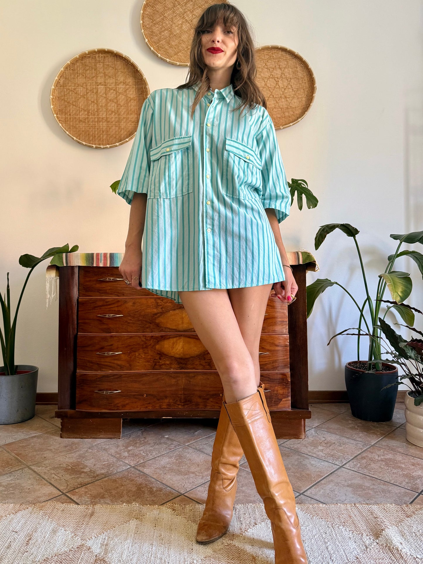 1970's vintage two toned turquoise stripes shirt dress