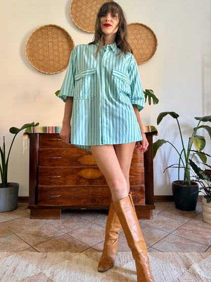1970's vintage two toned turquoise stripes shirt dress