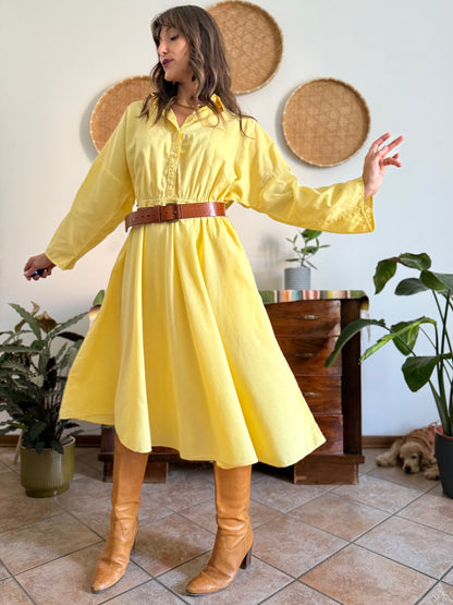1970's vintage yellow cotton button down midi dress