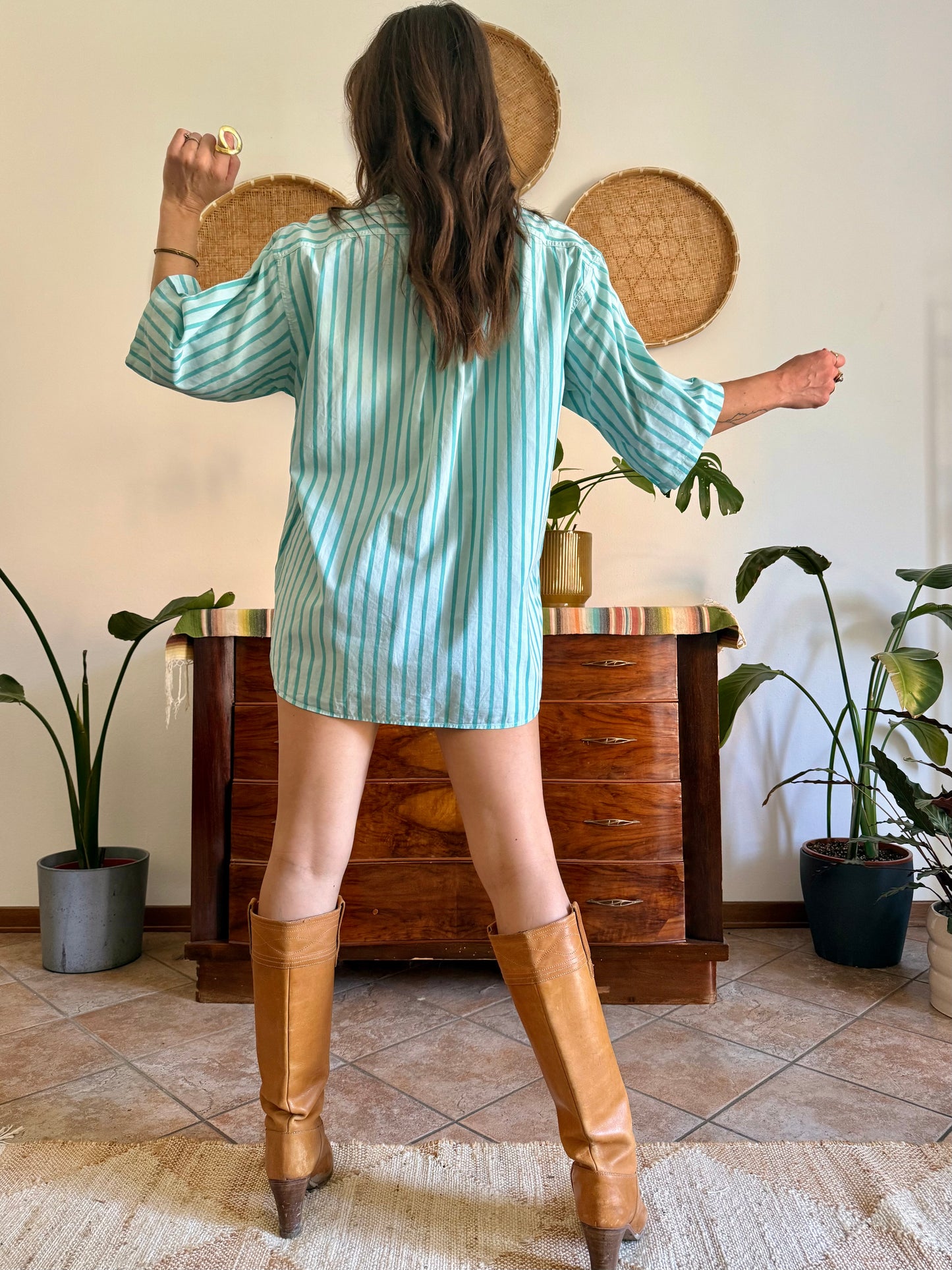 1970's vintage two toned turquoise stripes shirt dress