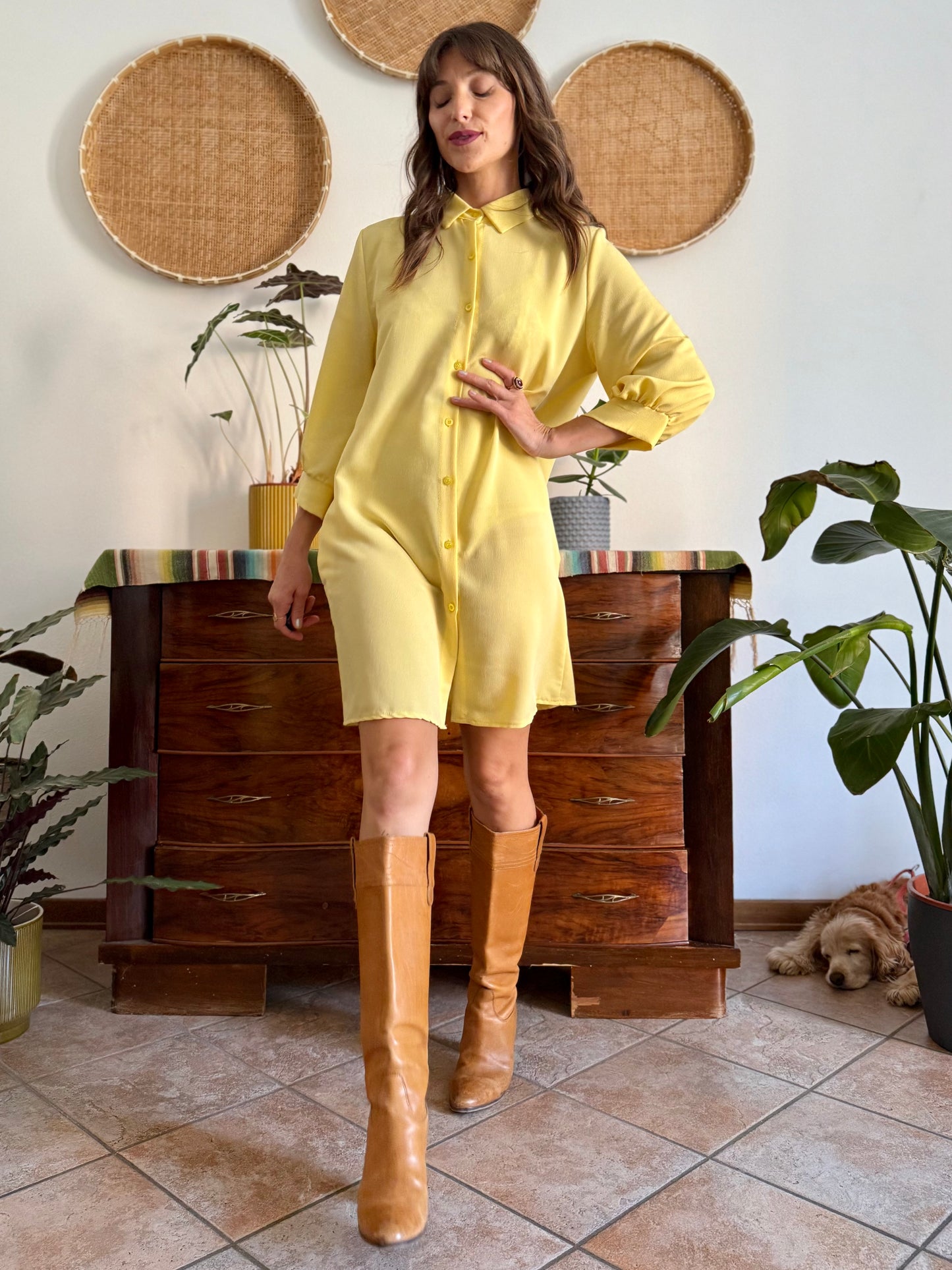 Y2k vintage semi sheer yellow shirt dress