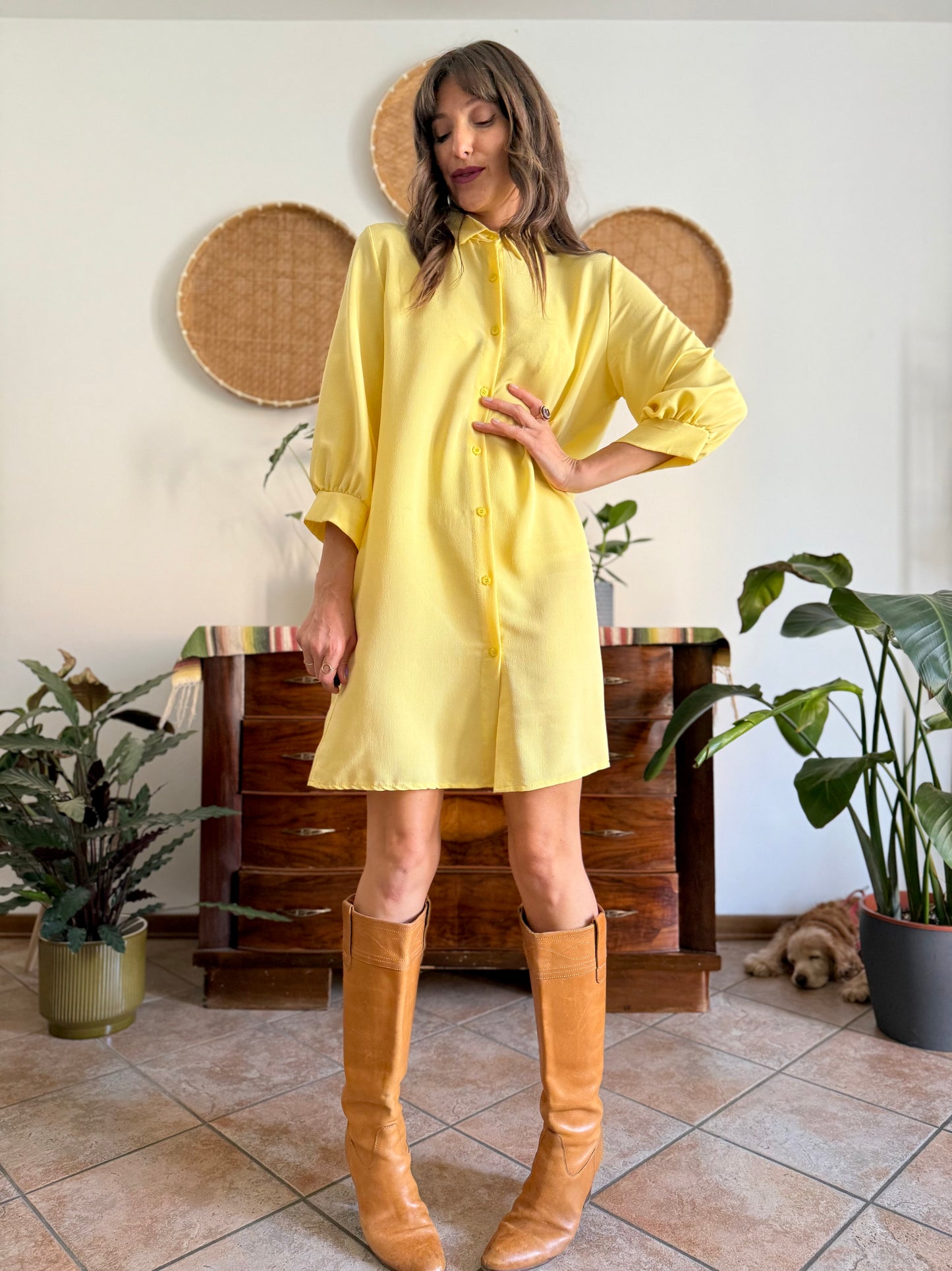 Y2k vintage semi sheer yellow shirt dress