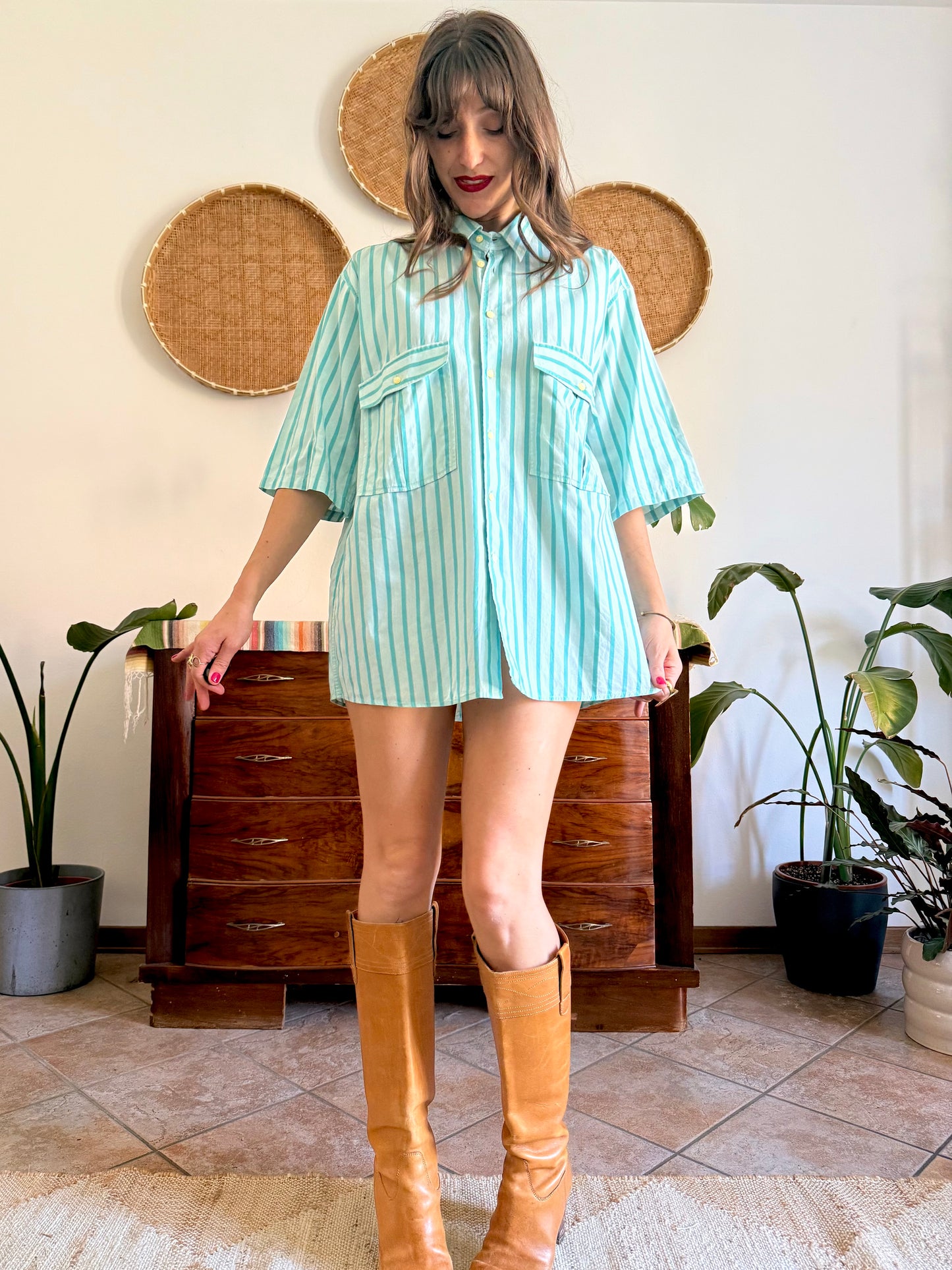 1970's vintage two toned turquoise stripes shirt dress