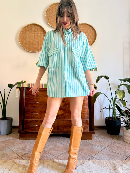 1970's vintage two toned turquoise stripes shirt dress