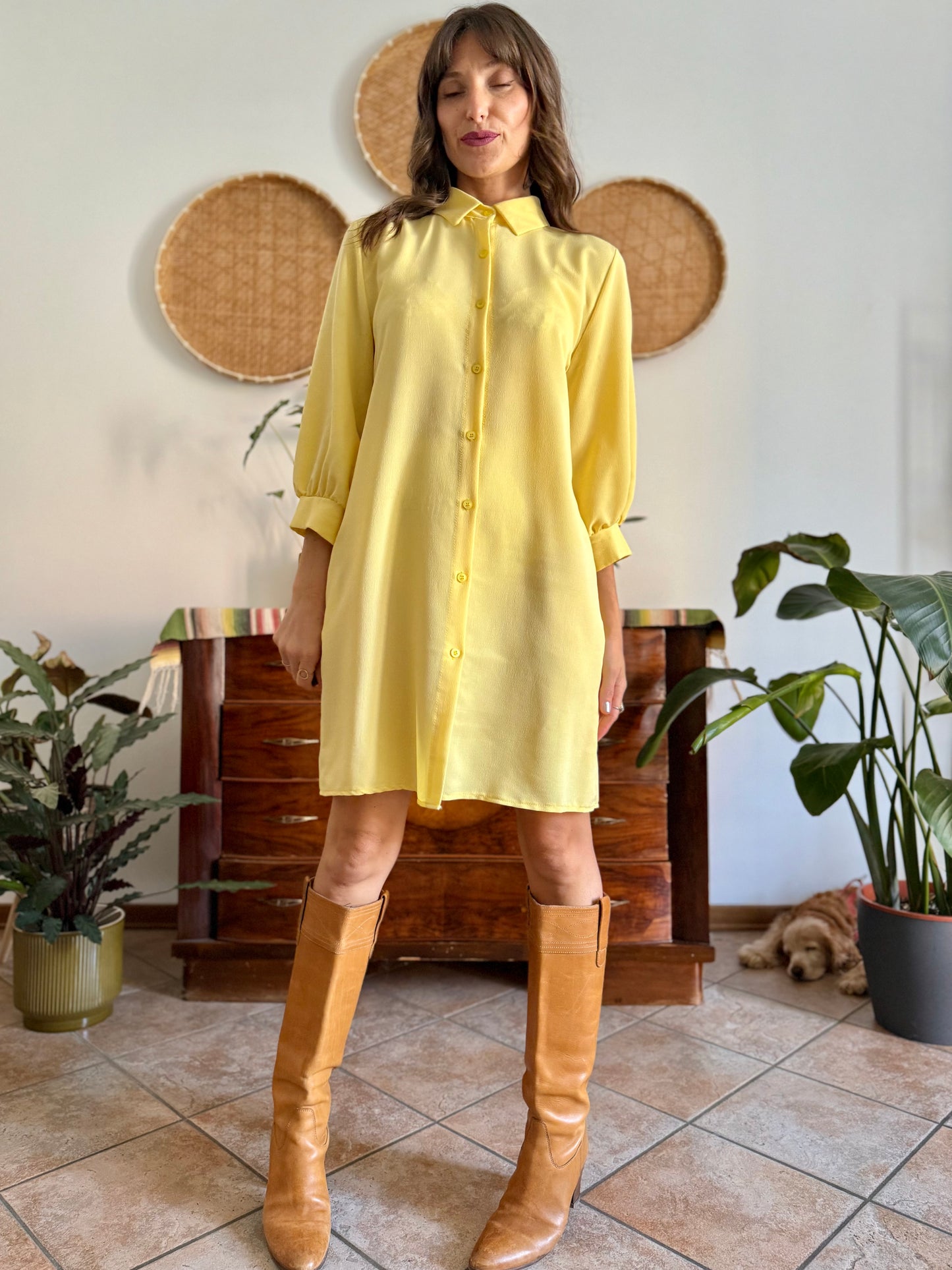 Y2k vintage semi sheer yellow shirt dress
