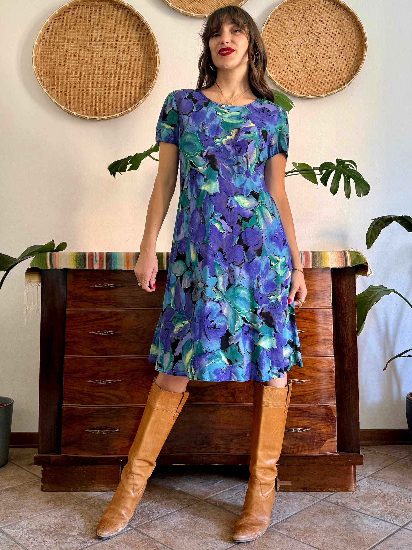 1990's vintage, turquoise, purple and yellow floral print midi dress