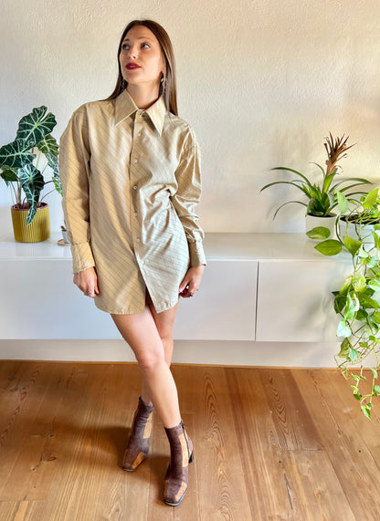 1970's vintage tan and brown oversize pinstripe shirt