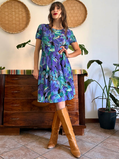 1990's vintage, turquoise, purple and yellow floral print midi dress