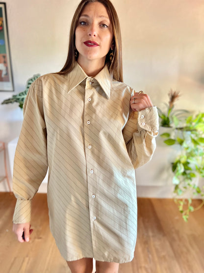 1970's vintage tan and brown oversize pinstripe shirt