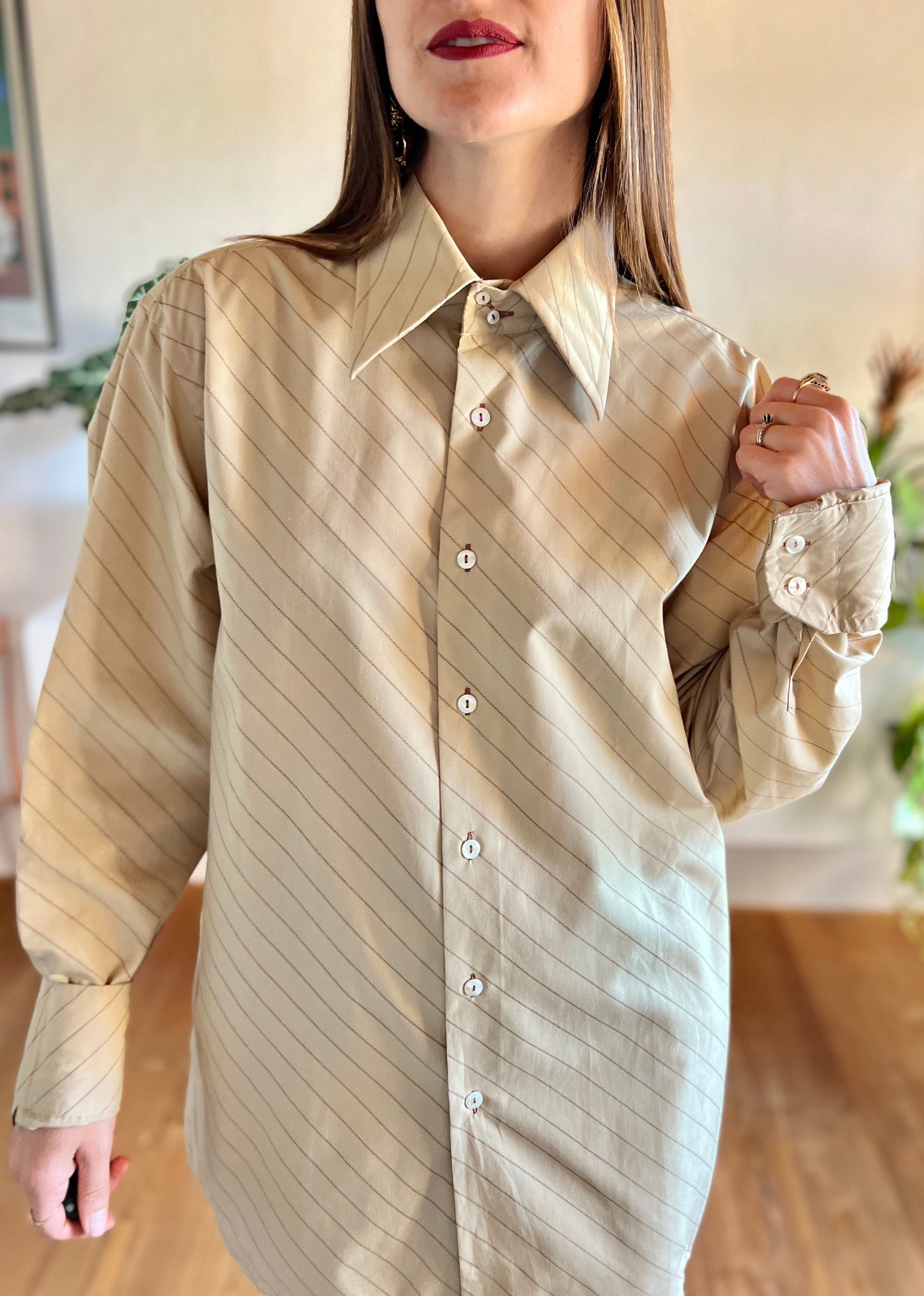 1970's vintage tan and brown oversize pinstripe shirt