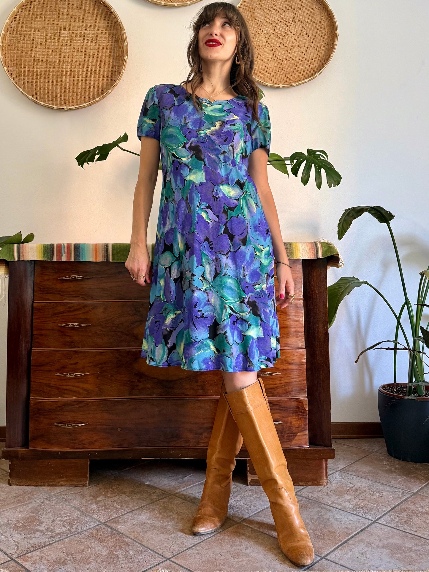 1990's vintage, turquoise, purple and yellow floral print midi dress