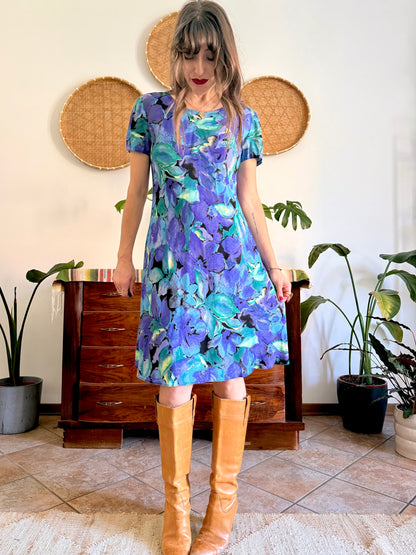 1990's vintage, turquoise, purple and yellow floral print midi dress