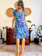 1990's vintage, turquoise, purple and yellow floral print midi dress