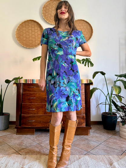 1990's vintage, turquoise, purple and yellow floral print midi dress