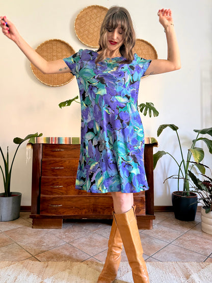 1990's vintage, turquoise, purple and yellow floral print midi dress