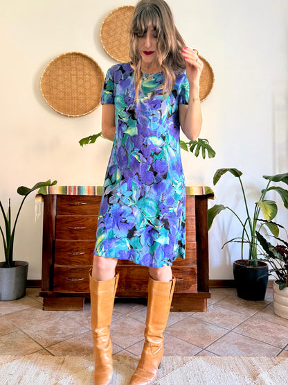 1990's vintage, turquoise, purple and yellow floral print midi dress