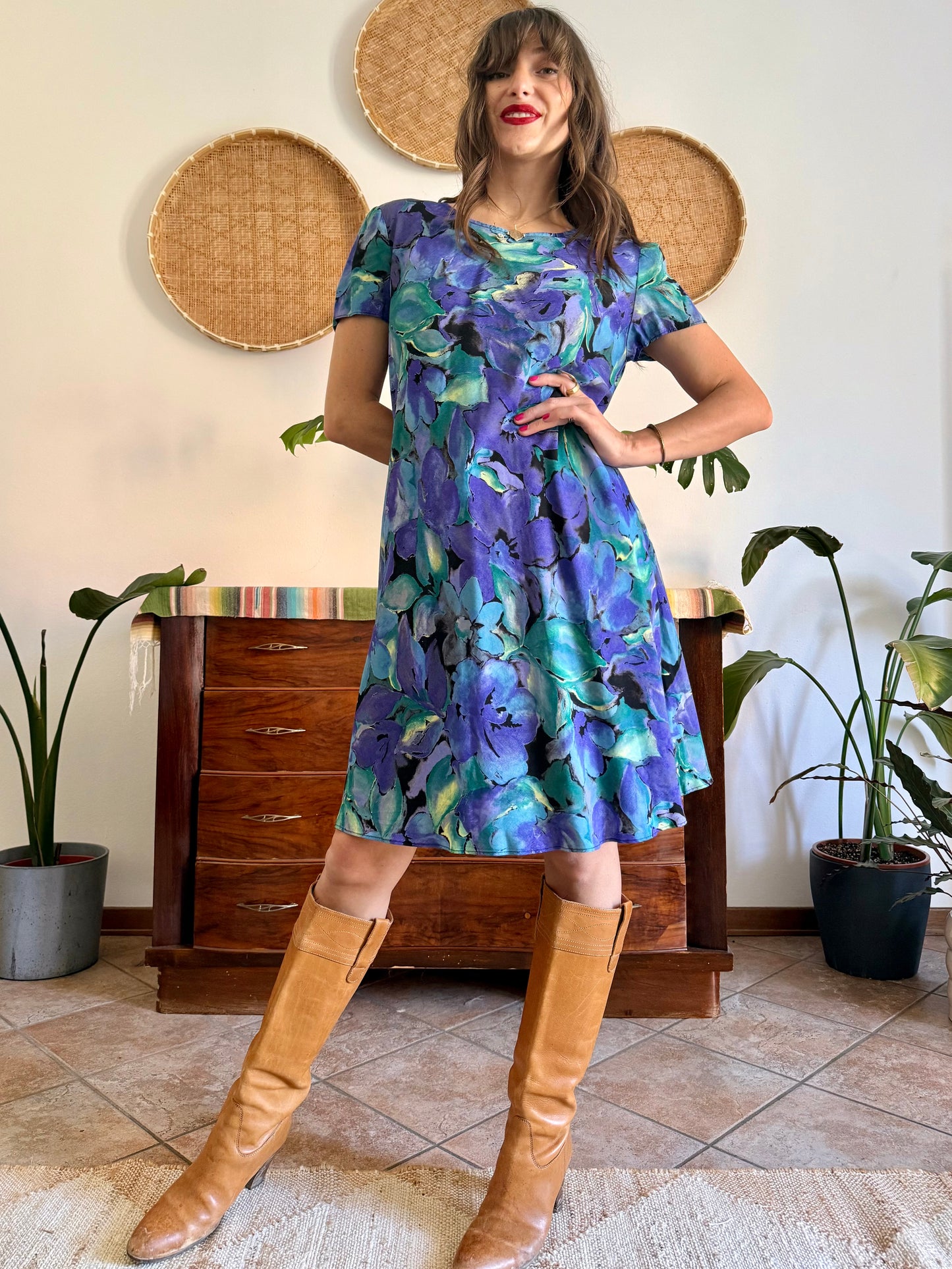 1990's vintage, turquoise, purple and yellow floral print midi dress