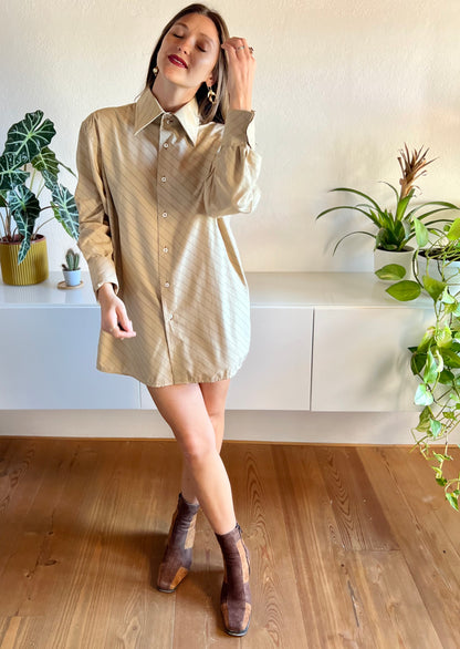 1970's vintage tan and brown oversize pinstripe shirt