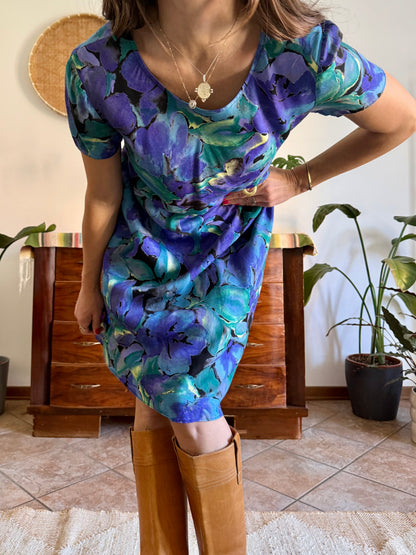 1990's vintage, turquoise, purple and yellow floral print midi dress
