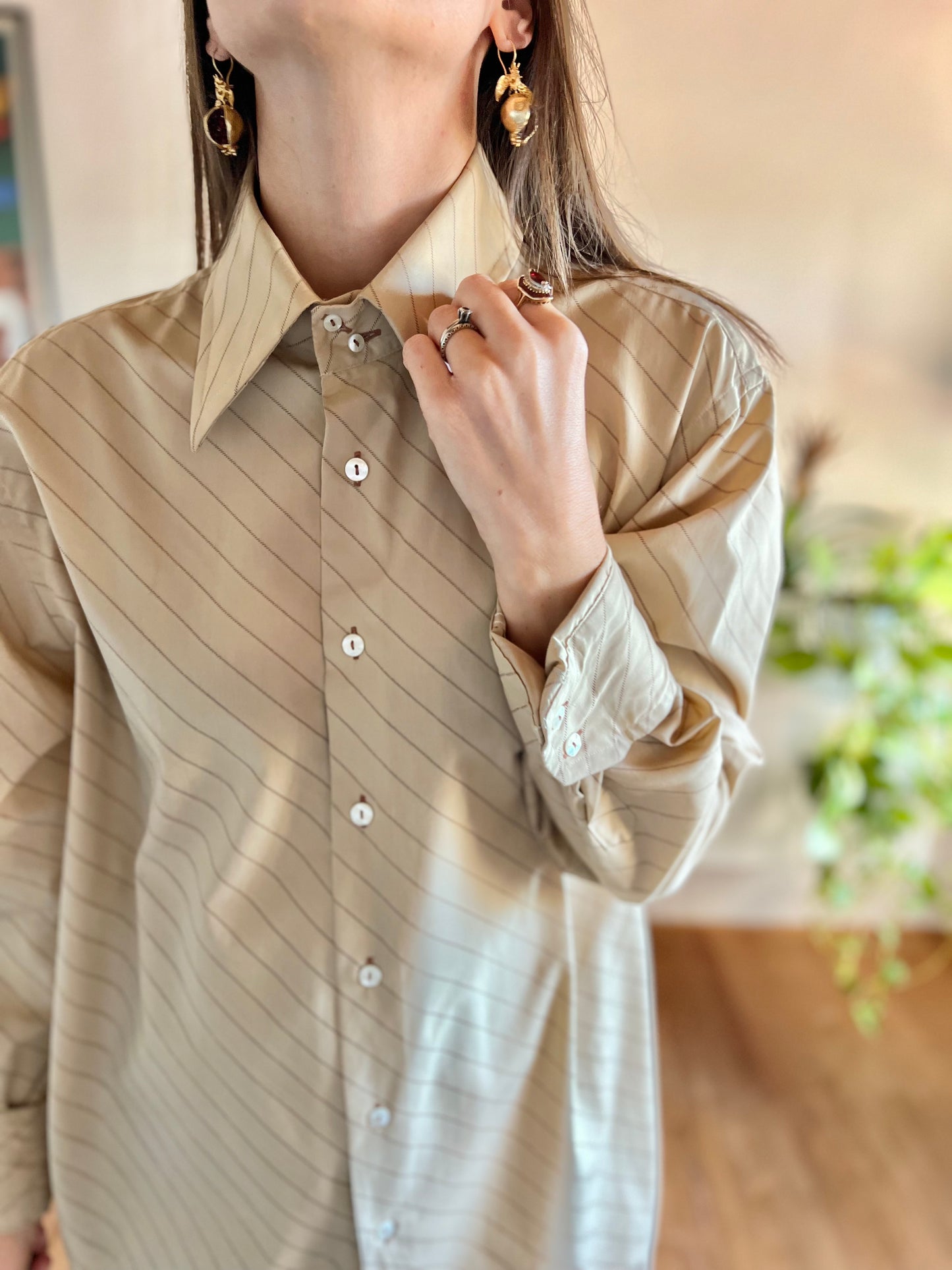 1970's vintage tan and brown oversize pinstripe shirt