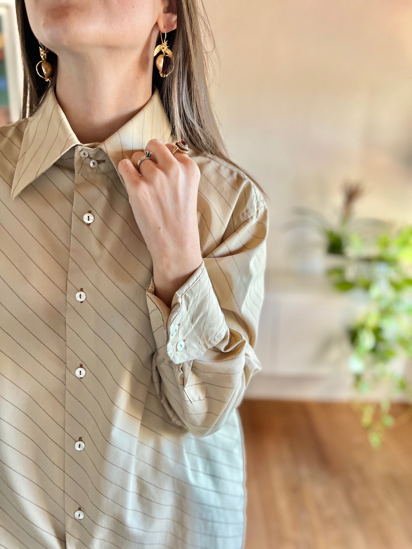 1970's vintage tan and brown oversize pinstripe shirt