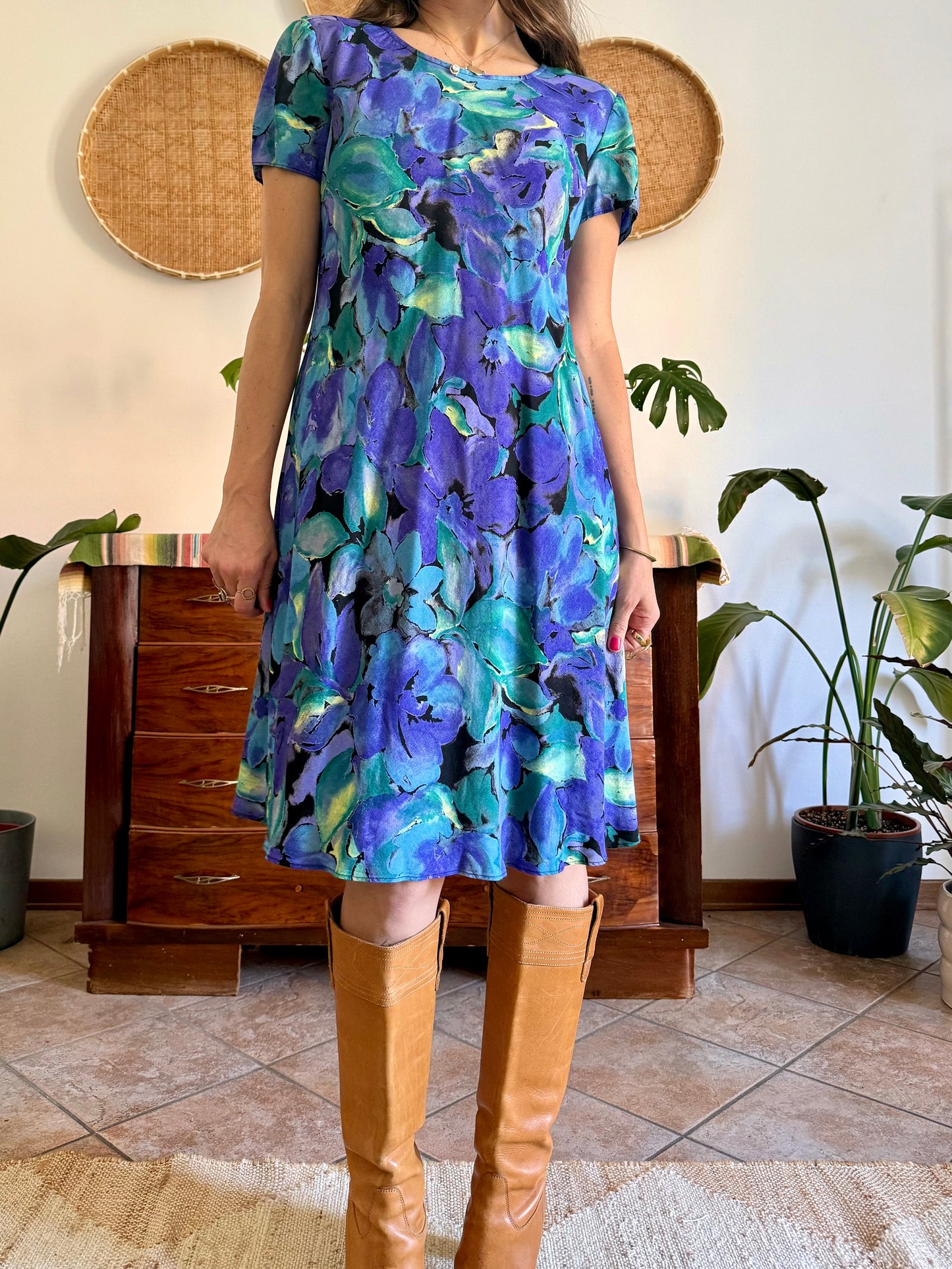 1990's vintage, turquoise, purple and yellow floral print midi dress