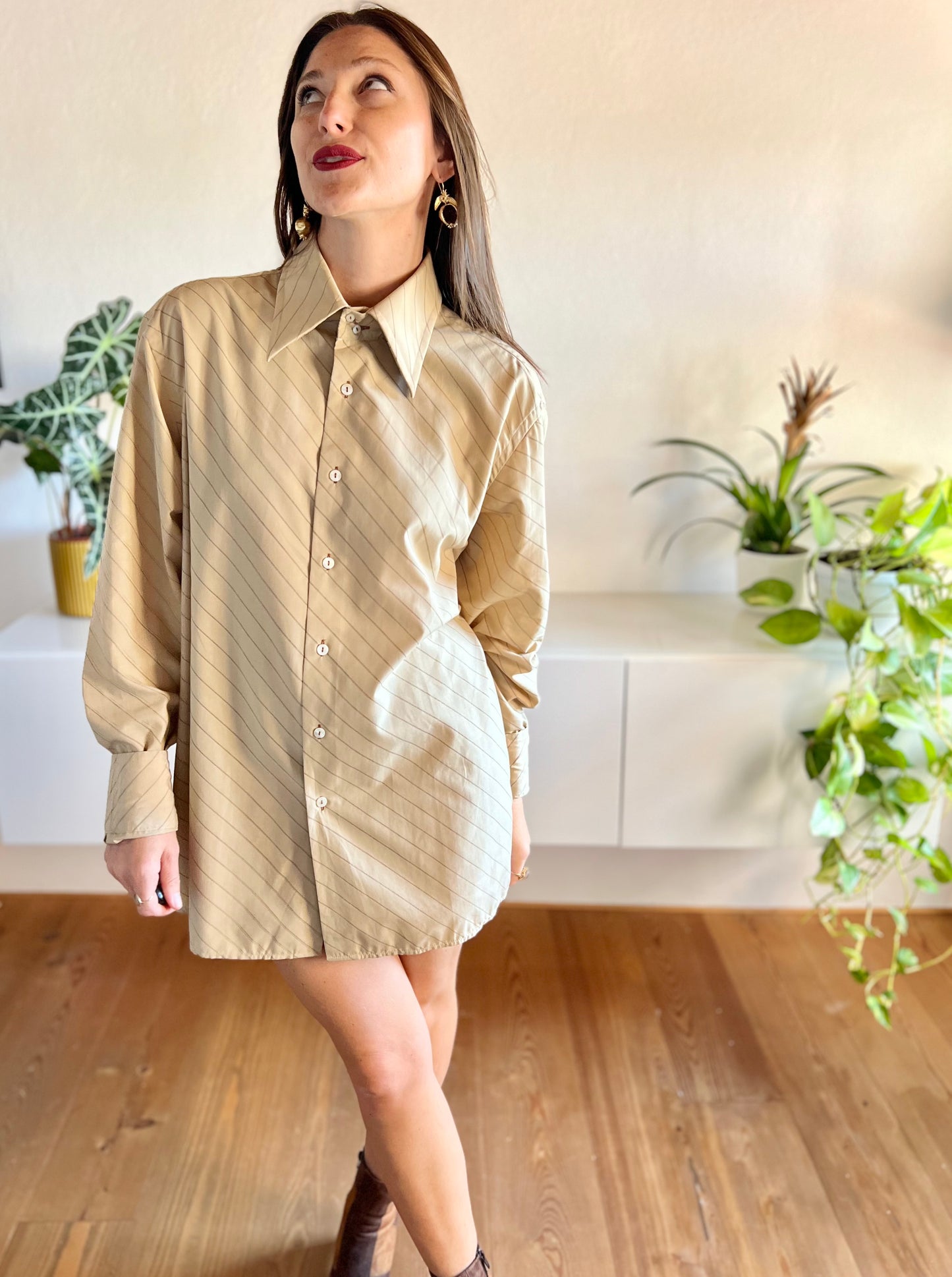 1970's vintage tan and brown oversize pinstripe shirt