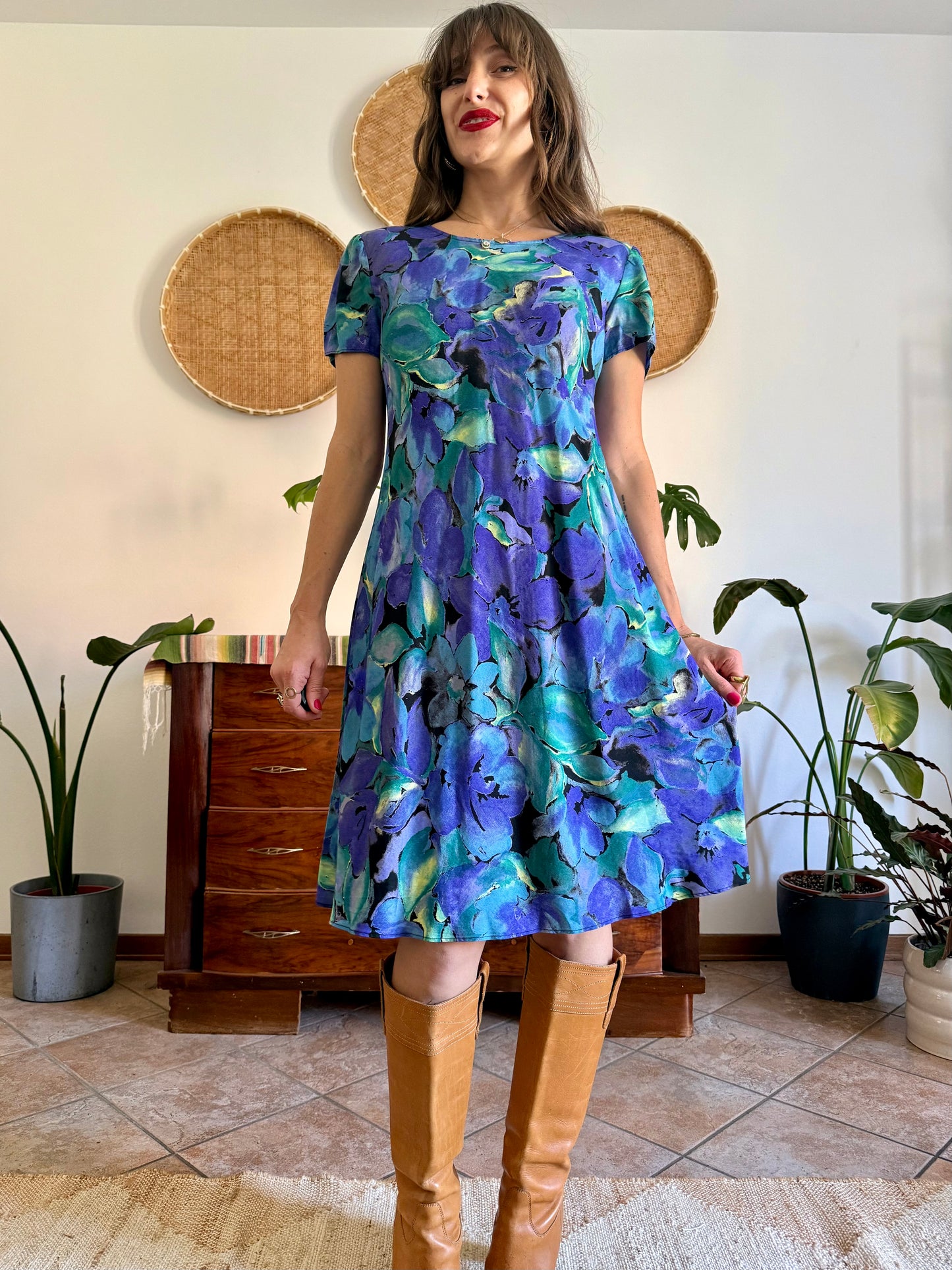 1990's vintage, turquoise, purple and yellow floral print midi dress