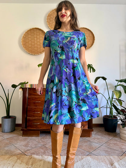 1990's vintage, turquoise, purple and yellow floral print midi dress